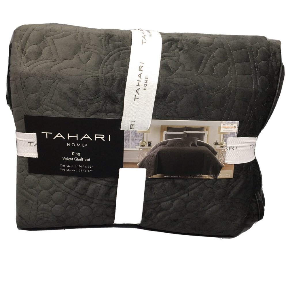 3pc Tahari Charcoal Gray Medallion Holland KING Velvet Quilt Sham Set Designer